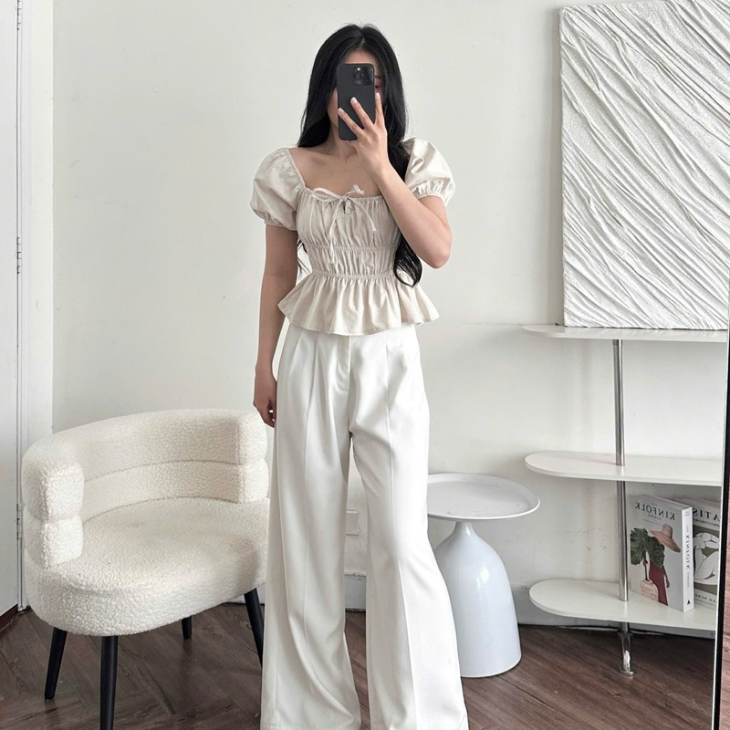 Áo Kiểu Cổ Vuông Babydoll Tay Phồng Linen Thắt Dây Ngực Bo Chun, Áo Nữ Ngắn Tay | BigBuy360 - bigbuy360.vn