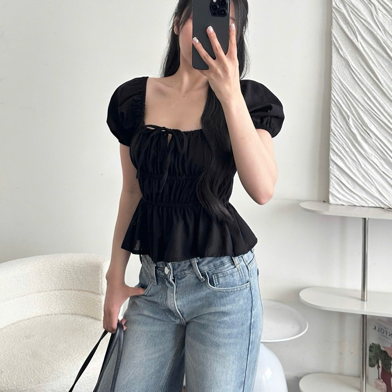 Áo Kiểu Cổ Vuông Babydoll Tay Phồng Linen Thắt Dây Ngực Bo Chun, Áo Nữ Ngắn Tay | BigBuy360 - bigbuy360.vn