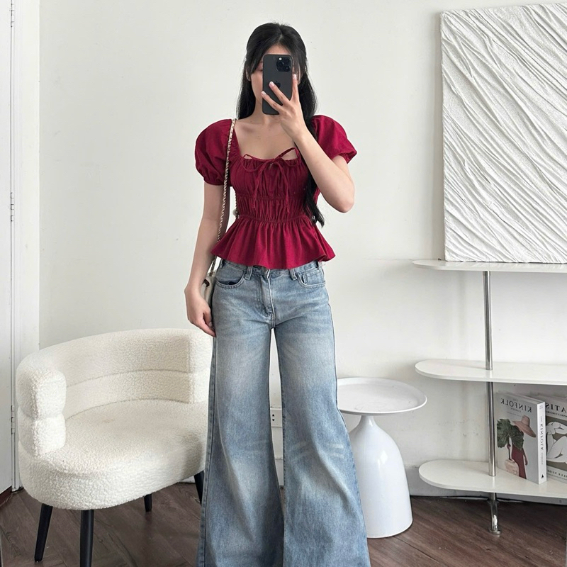 Áo Kiểu Cổ Vuông Babydoll Tay Phồng Linen Thắt Dây Ngực Bo Chun, Áo Nữ Ngắn Tay | BigBuy360 - bigbuy360.vn