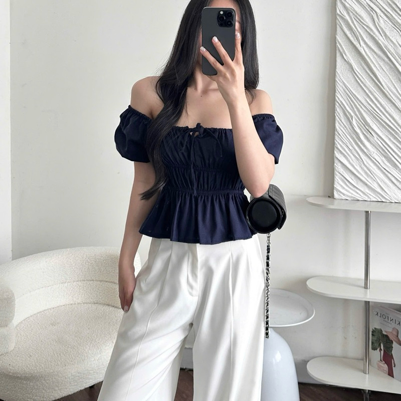 Áo Kiểu Cổ Vuông Babydoll Tay Phồng Linen Thắt Dây Ngực Bo Chun, Áo Nữ Ngắn Tay | BigBuy360 - bigbuy360.vn