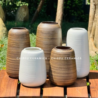 Lọ cắm hoa, bình gốm Bát Tràng cắm hoa dáng ruột phích men mộc vân ganh