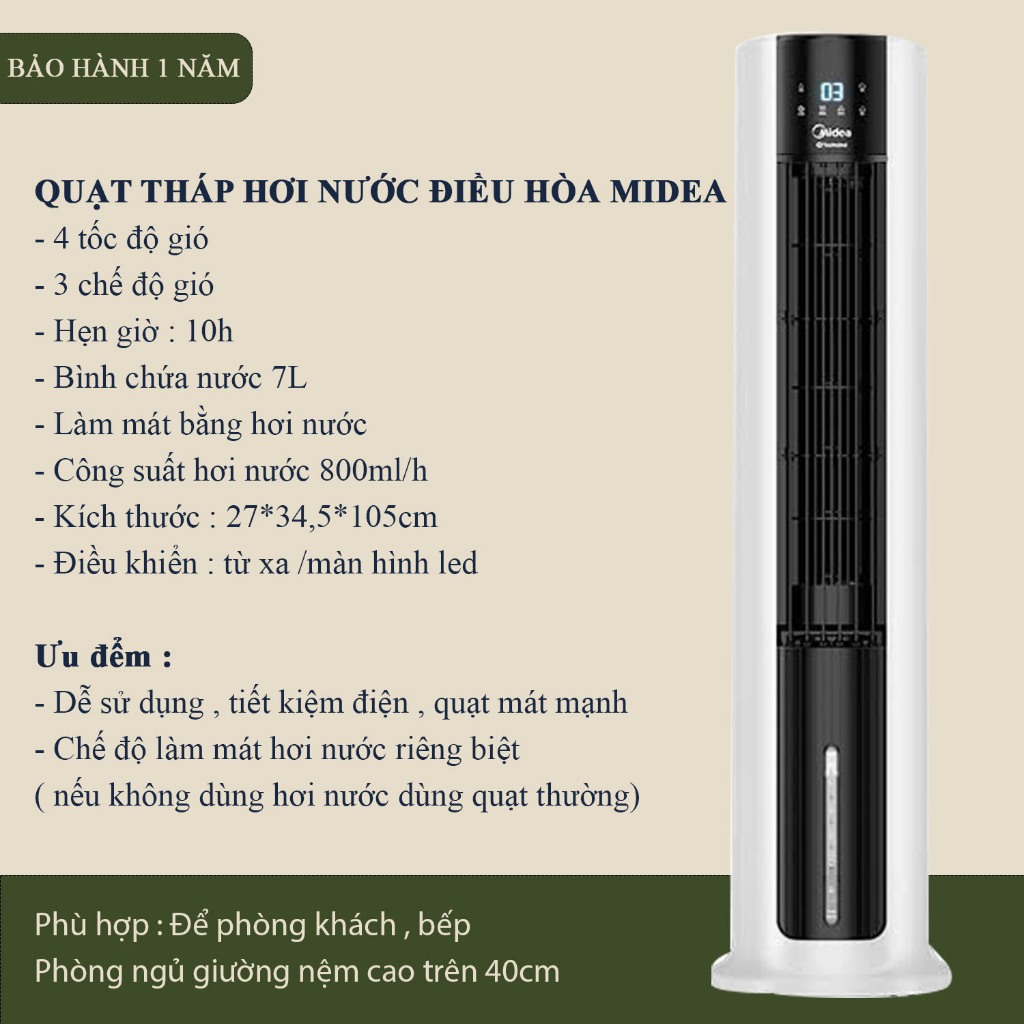 Quạt tháp điều hòa hơi nước Midea  AAI12VR bản 2025 gió mát - Điều khiển từ xa hẹn giờ thông minh