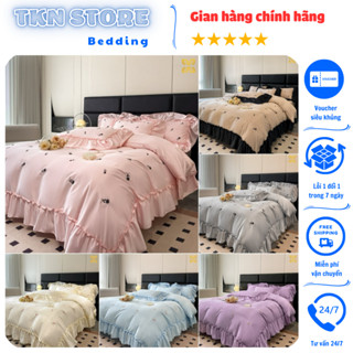 Bộ chăn ga gối phi lụa thêu hoa hồng viền bèo xinh xắn điều đà, Chăn ga gối 4 món vải lụa mềm mướt thoáng mát không nhăn