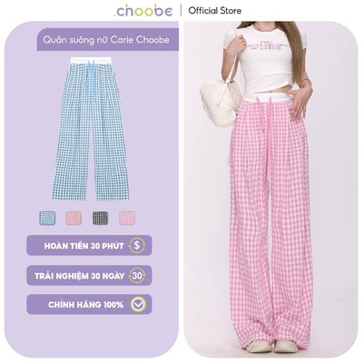 Quần ống rộng Carie Choobe nữ form suông siêu rộng kẻ caro cạp chun dây rút mỏng nhẹ đi biển Q100