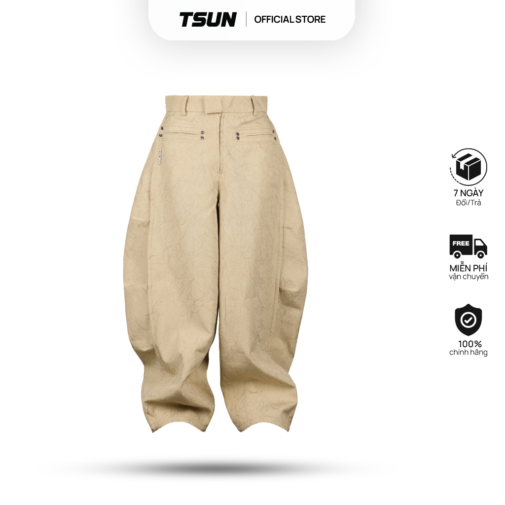 TSUN - Quần Balloon Cạp Cao Dáng Rộng Màu Be, Oversize - Vải Dập Nổi 3D -Túi Sau Nhún Bèo-Streetwear | BigBuy360 - bigbuy360.vn