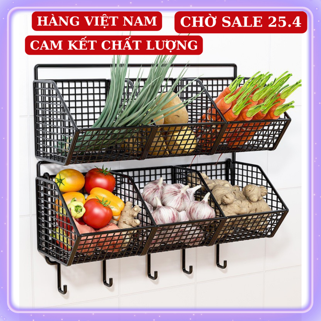 Kệ đựng gia vị 2 tầng 3 ngăn, kệ bếp treo tường chịu lực 10kg☘️ kệ đựng đồ đa năng 🌸 giỏ đựng hành tỏi gia vị