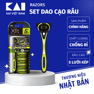 Dao cạo râu Kai Xfit 5 blade cao cấp Nhật màu xanh lá có 4 đầu thay và nắp nhựa bảo vệ (hộp dài)