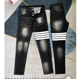 quần bò jean nam xanh đen dài rách rách gối vá vải đỏ đẹp mẫu mới hot,chất jean co giãn bền màu giá tốt
