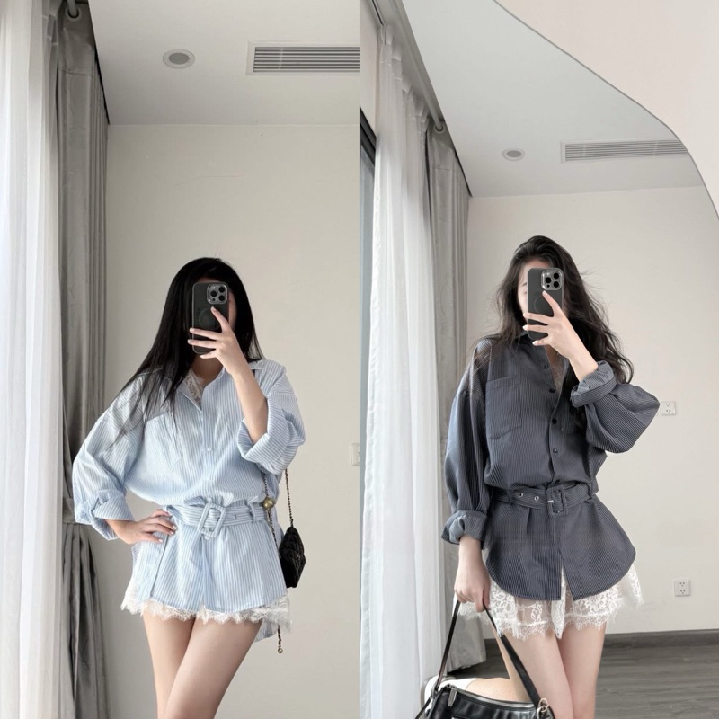 JENNYCLOSET ®”Bambi Set” • Áo váy sơ mi kẻ sọc trẻ trung (kèm đai điều chỉnh)+ Áo ren ba lỗ dáng dài -hàng cao cấp L1 | BigBuy360 - bigbuy360.vn