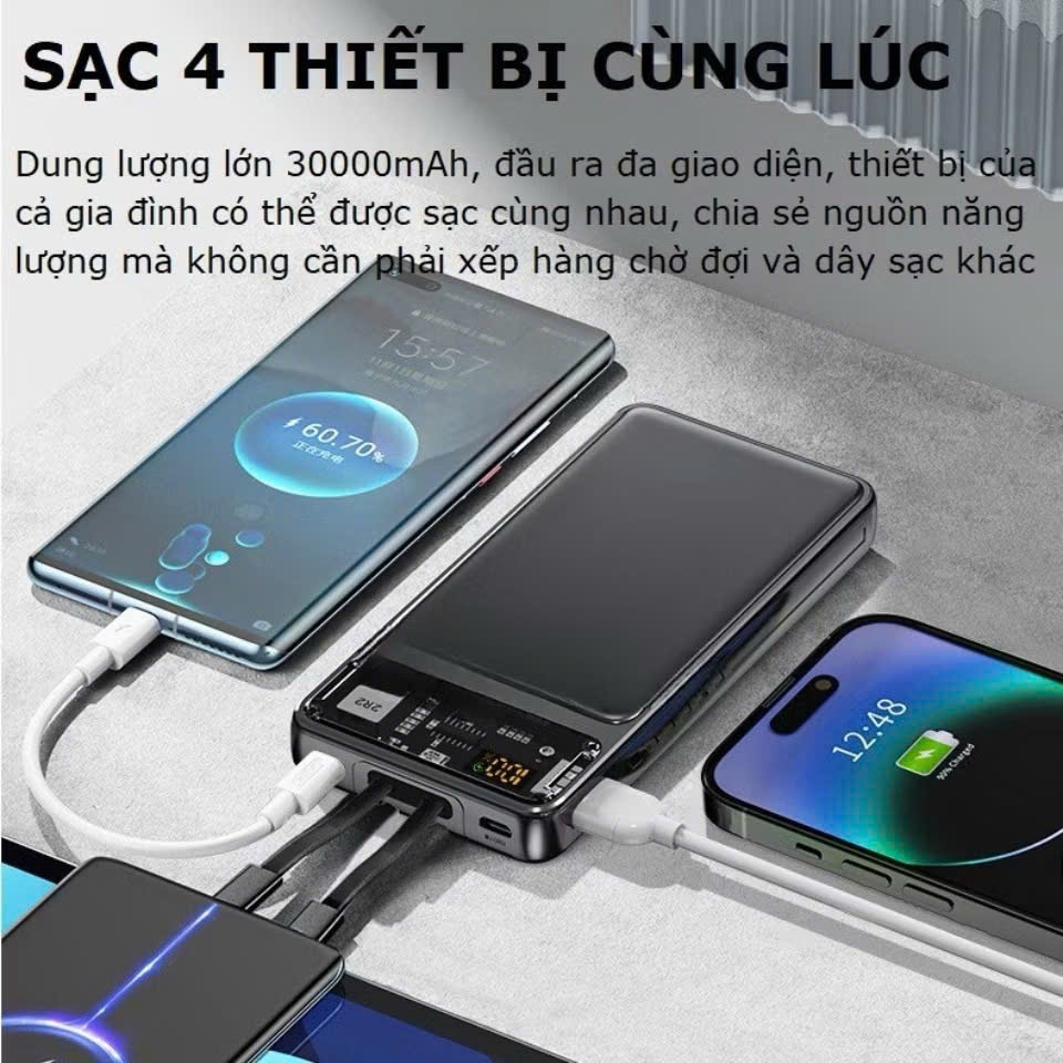 Sạc dự phòng HB 30000mAh Pin sạc nhanh - Màn hình LED, Pin siêu trâu, có sẵn 2 dây sạc...