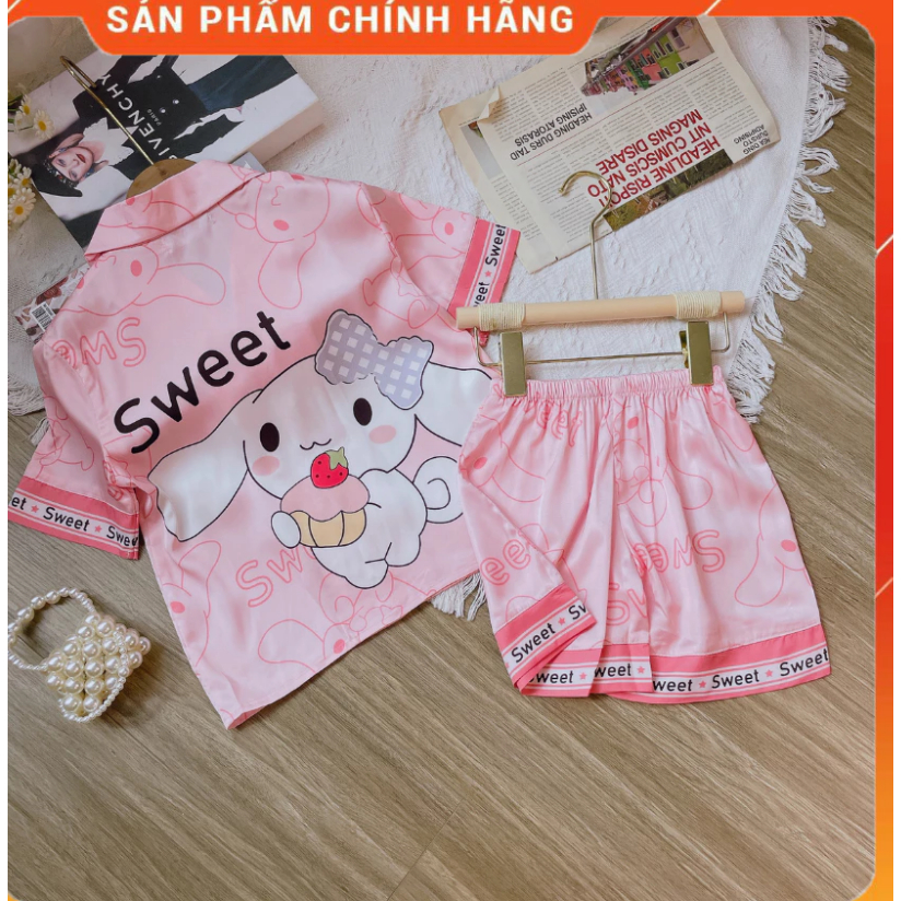 [12-47 kg] Bộ đồ ngủ lụa trẻ em cao cấp - Bộ bé gái mùa hè ngắn tay hoạ tiết 3D đáng yêu