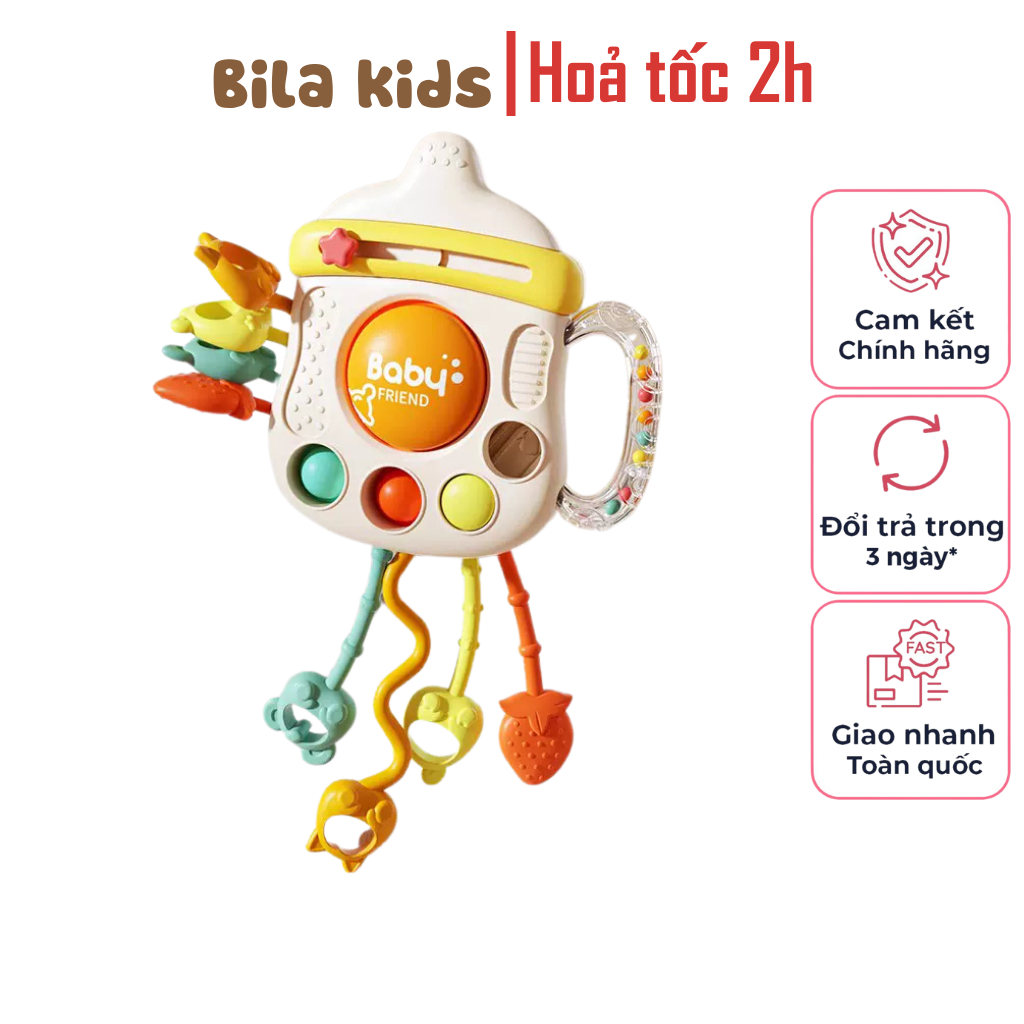 Đồ chơi cho bé gặm nướu cho trẻ sơ sinh BILA KIDS  bằng silicon có dây rút hình bình sữa giai đoạn bé mọc răng, vận động