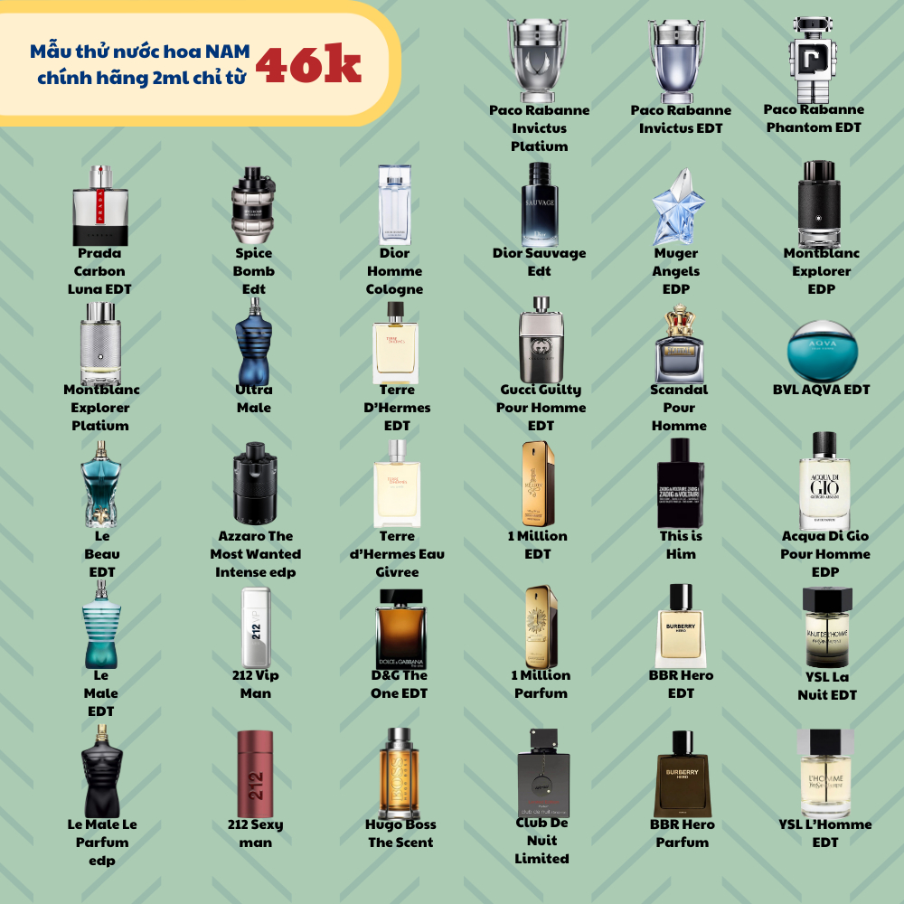 Mẫu thử nước hoa nam, vial các mẫu hot chiết 2ml đồng giá 46k