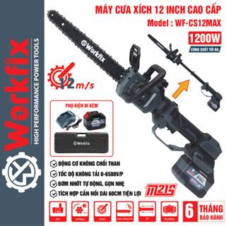 Máy cưa xích, Máy cưa gỗ pin WORKFIX WF-CS12MAX,  Không chổi than,1200W, Bơm nhớt tự động, Cần nối dài 60CM