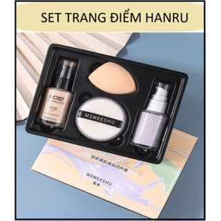  Set trang điểm Pretty Makeup Hanru 4 in1 gồm kem lót,kem nền,phấn phủ dạng bột và tặng 1 bông đánh phấn 