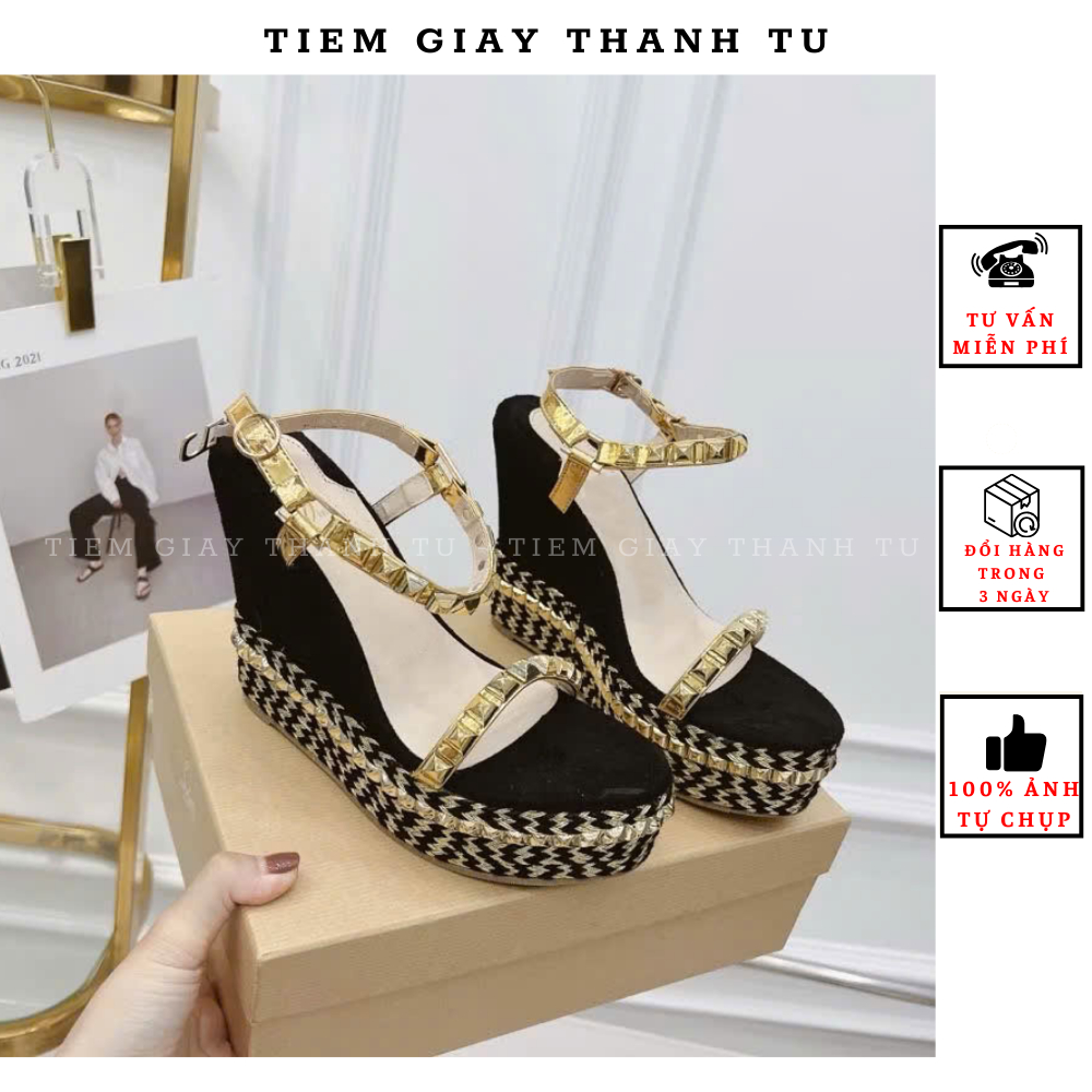 (328-71a) Sandal nữ đế xuồng lượn phối cói quai đinh tán cao 12cm hàng QC fullbox