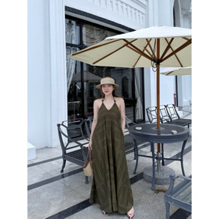    Ảnh thật   2988 Váy maxi yếm hoạ tiết khuy gỗ 