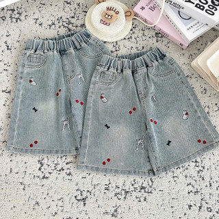   M1  - Quần Jean NGỐ LỬNG Thêu Hình CHÓ MÈO Bé Gái Cao Cấp  18–60kg  