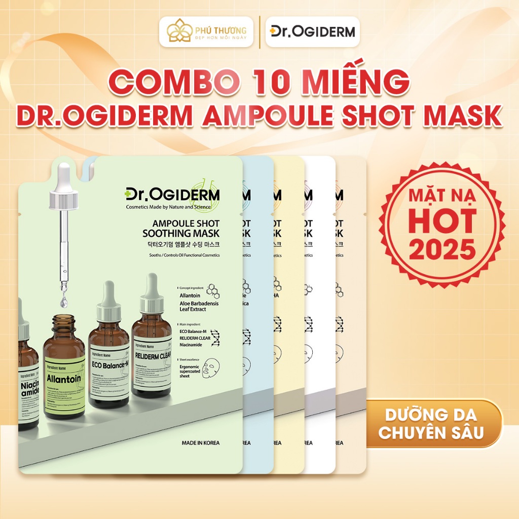 Hộp 10 Miếng Mặt Nạ Dr.Ogiderm Vải Vi Sợi Ampoule Shot Mask Giúp Cấp Ẩm,Phục Hồi, Dịu Nhẹ Hàm Lượng 