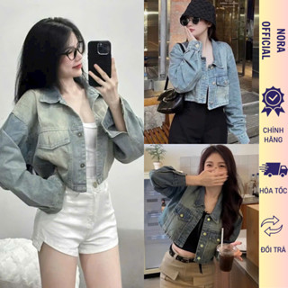 Áo khoác jean nữ croptop tay dài phối 2 túi nắp, Áo khoác jean phong cách Retro  Avocado