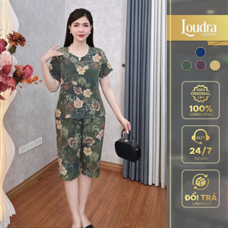 Bộ đồ lụa trung niên mặc nhà cho mẹ Loudra Fashion cổ trụ đính cúc tay ngắn quần lửng sang trọng B15