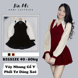  Váy nhung nữ cổ V dáng xòe phối tay tơ điệu đà BigSize NaMi Đầm nhung dáng ngắn cổ bẻ 364 