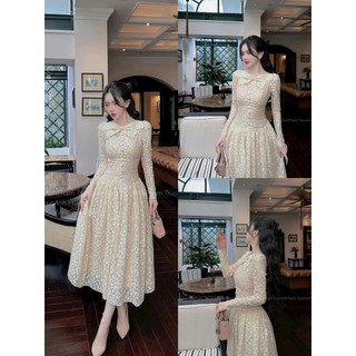  Đầm midi sang chảnh vải ren chỉ thêu cao cấp hàng chuẩn shop cổ tròn đính nơ cúc dọc tay dài váy xoè duyên dáng 