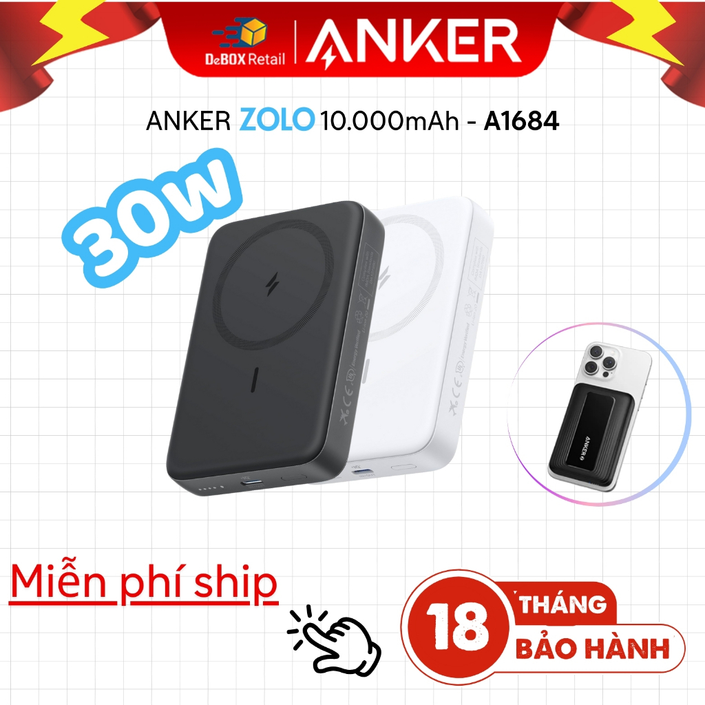 Sạc dự phòng từ tính không dây ANKER Zolo 10000mAh chuẩn Qi 7.5W, USB-C PD 30W - A1684 chính hãng