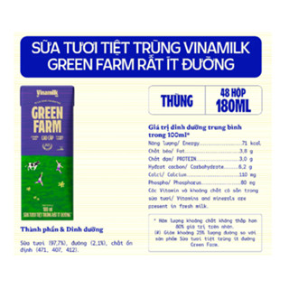 Lốc 4 hộp Sữa tươi tiệt trùng Rất Ít đường/ Có đường/ Không đường Vinamilk Green Farm - hộp 180ml