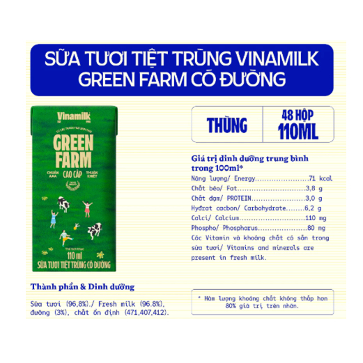 Combo 2 Lốc (8 hộp) Sữa tươi tiệt trùng Có đường/ Rất Ít đường Vinamilk Green Farm - hộp 110ml
