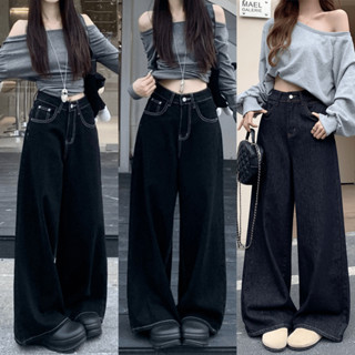 Quần Jean Nữ Xanh Than Đậm Chỉ Nổi Dáng Suông Ống Rộng 28CM Quần Bò Jean Mềm Chỉ Nổi Lưng Cao Ôm Eo Tôn Dáng MIAA