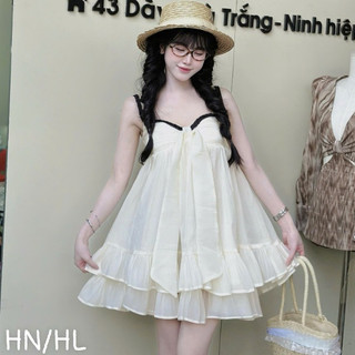 váy tiểu thư sang chảnh,váy xinh nhẹ nhàng,đầm tơ hai dây viền đen xịn sò hot trend dễ thương DC4