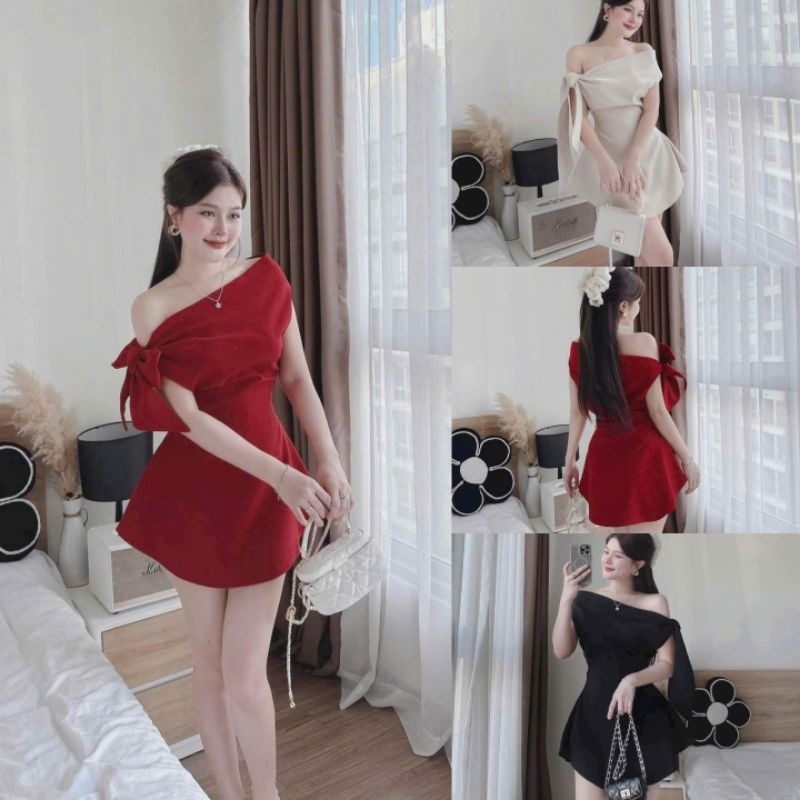 Đầm Tapta ánh kim cột nơ lệch vai Lisa.store mẫu mới chéo vai mặc sang trọng xinh,