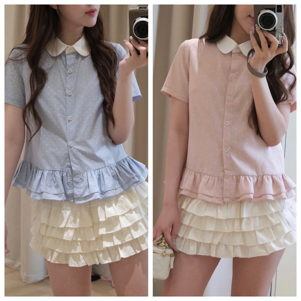 Set Áo Chấm Bi Cổ Sen Mix Chân Váy Tầng 2 Màu 2001 Clothing
