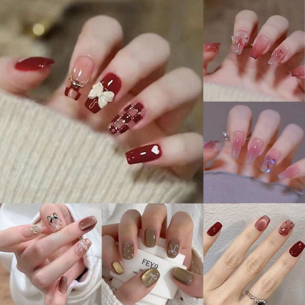  Bộ nailbox 24 móng tay giả nail box phong cách Hàn Quốc set móng tay giả nail box tự dán tại nhà 