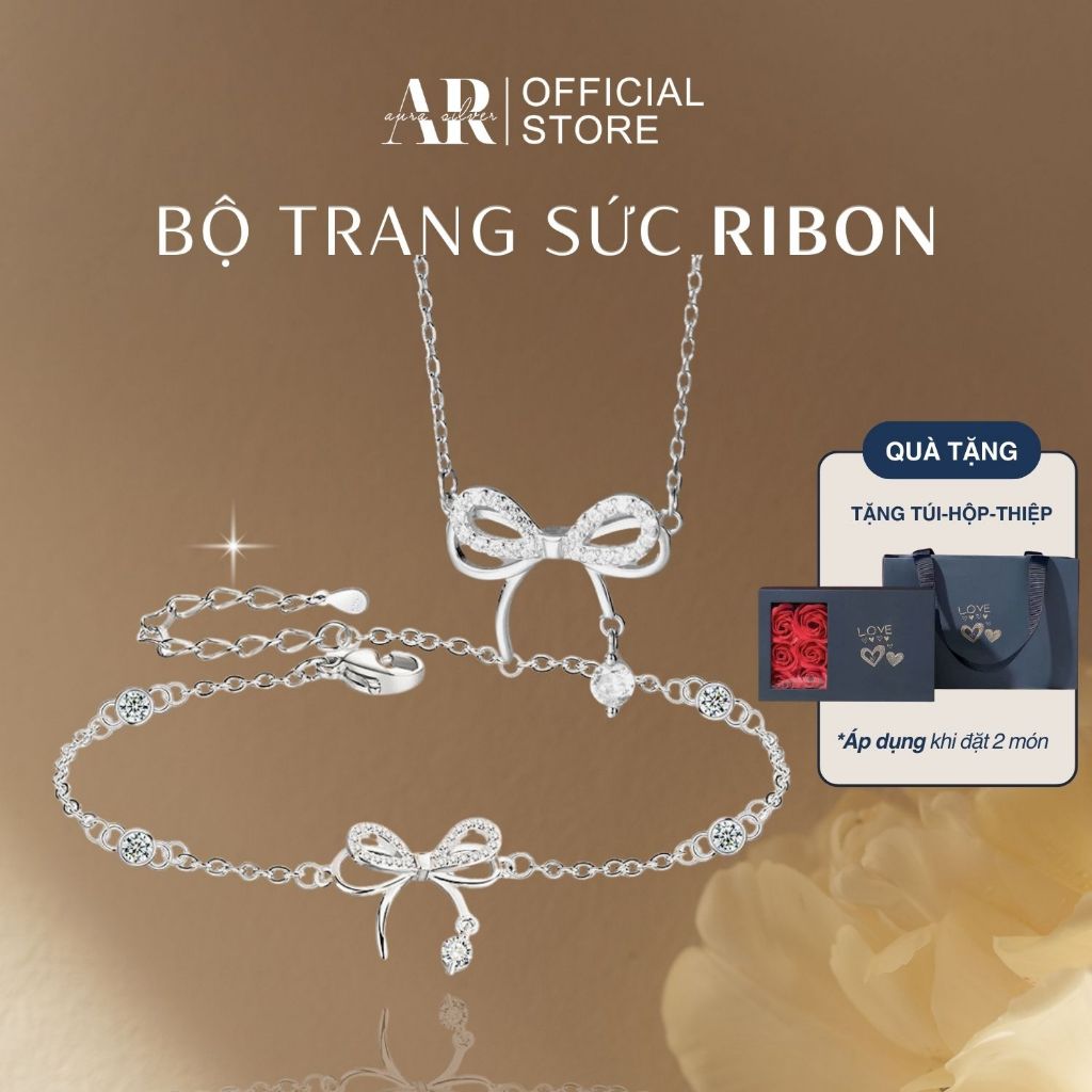 Bộ dây chuyền lắc tay bạc ý 925, set trang sức bạc nữ nơ Ribon-AURASILVER
