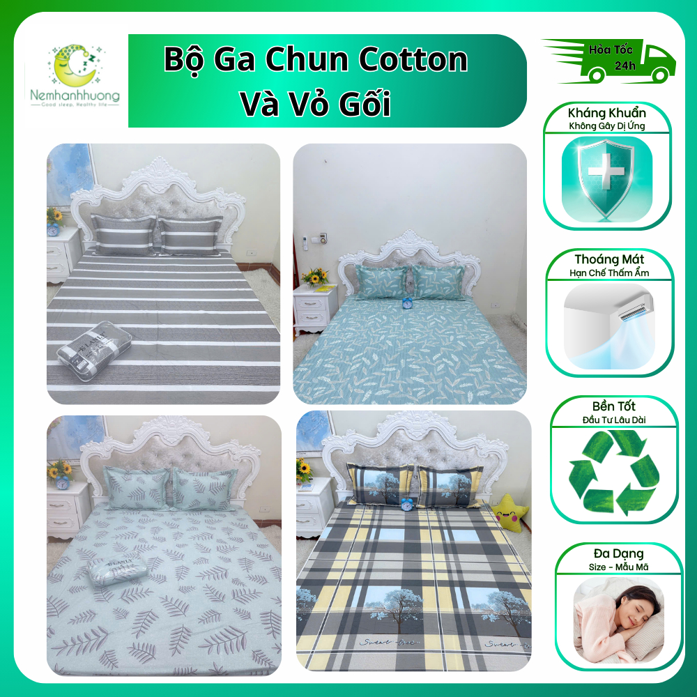 Bộ Chăn Ga Gối Đệm Cotton 2 Món Ga Chun Và Vỏ Gối 1m2x1m9 1m6x2m 1m8x2m 2mx2m2 Chống Xù Nệm Hạnh Hươ