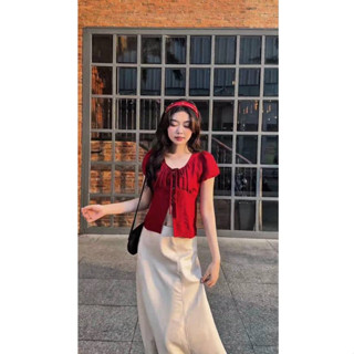 Áo Kiểu Nữ Cổ Vuông Tay Phồng GAGO BRAND Gài Nút Thắt Dây Ngực Nhún Thời Trang Hàn Quốc GA4604