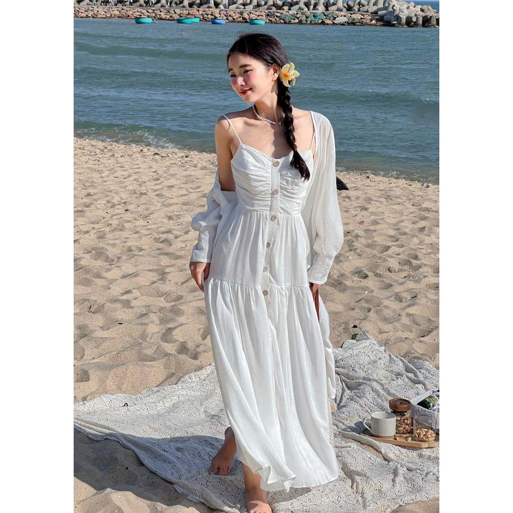 Đầm HAILEY - Đầm midi hai dây nút gỗ