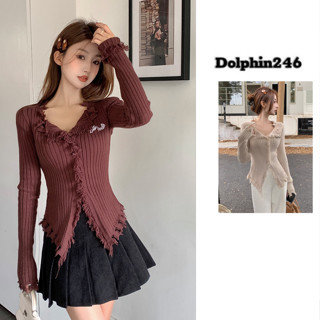  Áo len nữ cardigan cổ tim dáng ôm body tay dài cài khuy viền tua rua rách nhẹ phong cách M421 E-20 