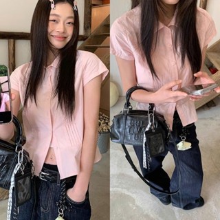 (sẵn) Áo sơ mi ngắn tay chất thô màu hồng pastel nữ tính dáng vừa ASM010 - Tiktik