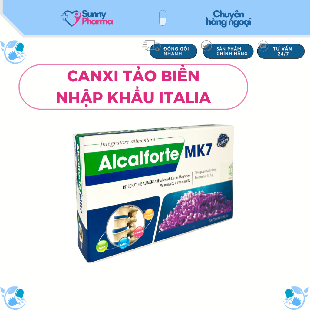 Canxi tảo biển ALCALFORTE MK7 Nhập khẩu Italia - Bổ sung Canxi hữu cơ, Magie, Vitamin D3, Vitamin K2