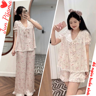  Set đồ ngủ nữ tay ngắn đùi họa tiết nơ dễ thương bộ pijama nữ mặc nhà chất lụa mát mịn thoáng mát rộng rãi hcom25224 