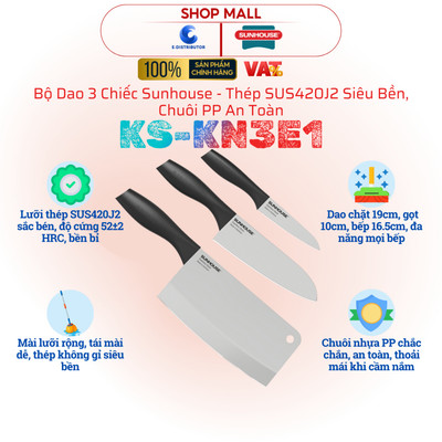 [HỎA TỐC] Bộ dao 3 chiếc Sunhouse KS-KN3E1 - Thép SUS420J2 siêu bền - Chuôi PP an toàn - Hàng chính hãng