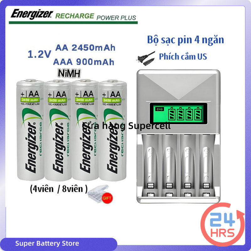  Energizer Pin Sạc 1.2V AA 2450mAh AAA 900mAh Vỉ 4 8 Viên Bộ Máy Sạc Made in USA Chính Hãng Original Pin dung lượng cao 
