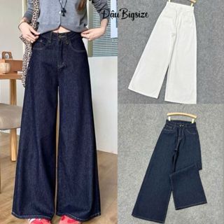 Quần jeans ống rộng cho nữ Phom Bigsize cạp cao màu xanh đậm/trắng quần ống đứng rộng rãi mới Q548