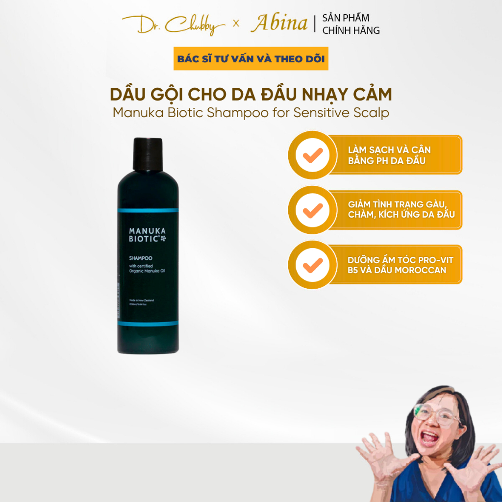Dầu gội giảm gàu ngứa nấm da đầu Manuka Biotic Shampoo for Sensitive Scalp 300ml Dr Chubby