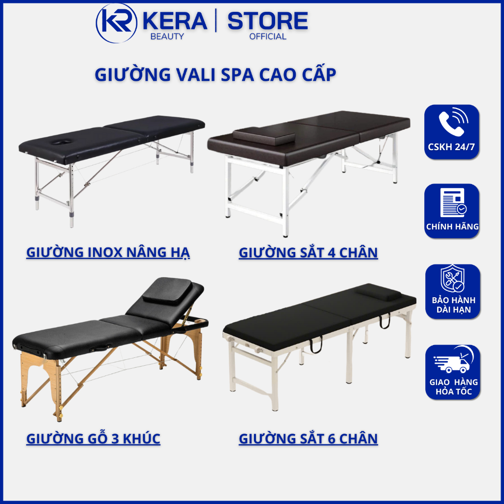 Giường Vali Gấp Gọn, Giường Chân Gỗ | Chân Inox Massage| Phun Xăm TaTo | Chăm Sóc Da Nối Mi Cao Cấp