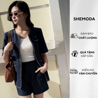 Set Áo Khoác Dạ Tweed Nữ Cộc Tay Kèm Quần Short SHEMODA Chain Tweed Chất Liệu Sợi Nhỏ Cao Cấp Sang Trọng