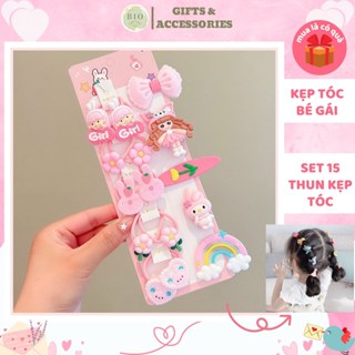 Set 15 kẹp và thun cột tóc xinh xắn phụ kiện kẹp tóc dễ thương làm quà tặng cho bé gái